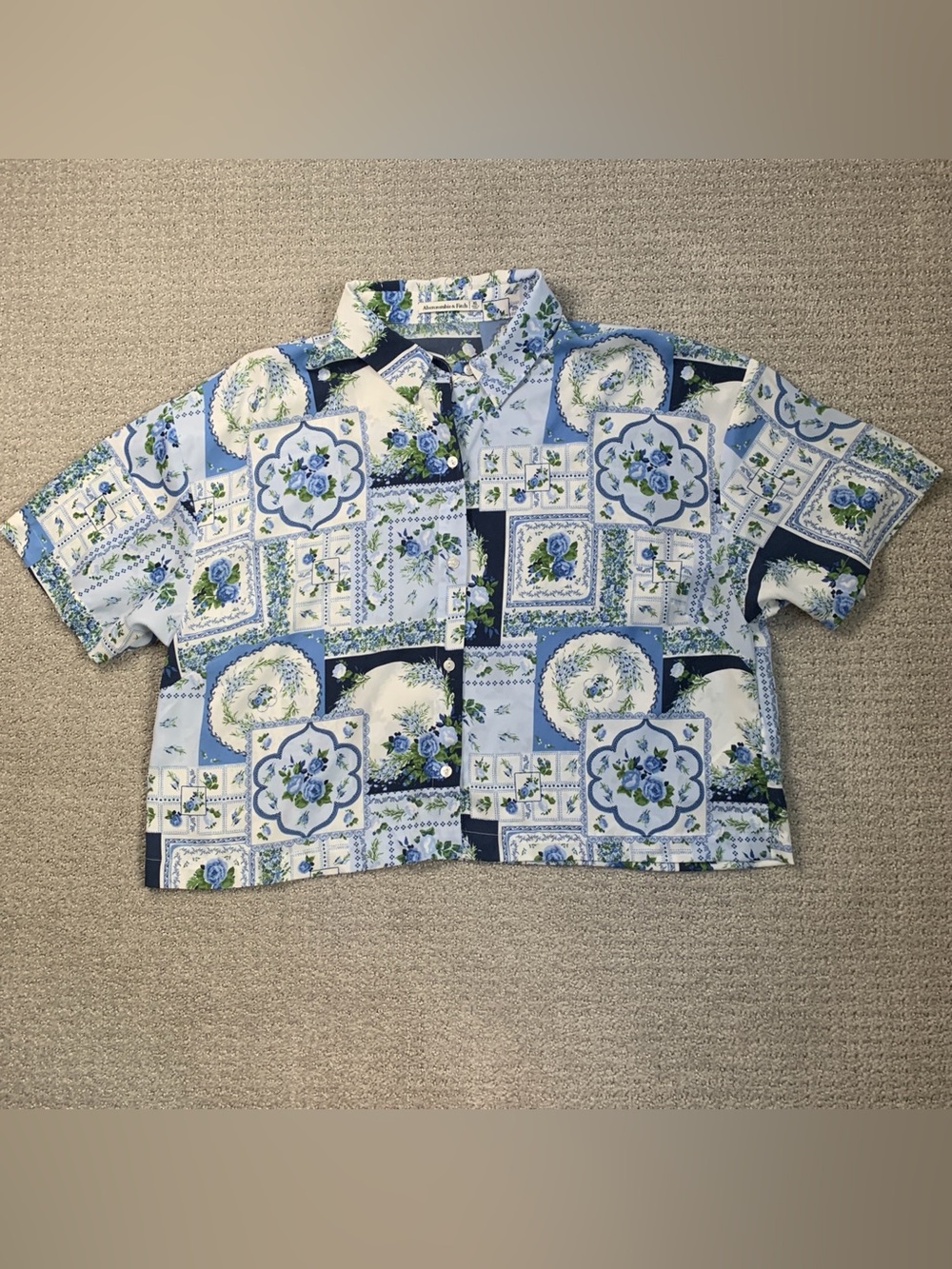 Abercrombie & Fitch Blue Patchwork Pattern Cropped Boxy Button Front Shirt XL